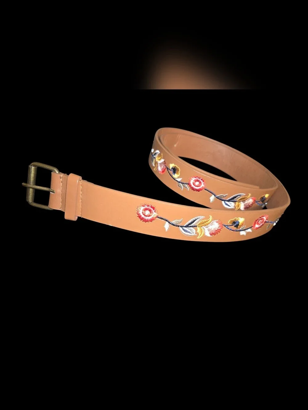 Women's Floral Embroidery Tan Belt Size 16W, Garden Preppy BOHO Hippie